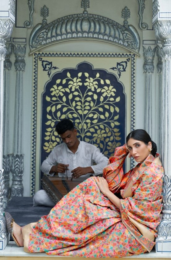 Statement-Making Peach Multi Kashmiri Modal Handloom Weaving Kashmiri Saree