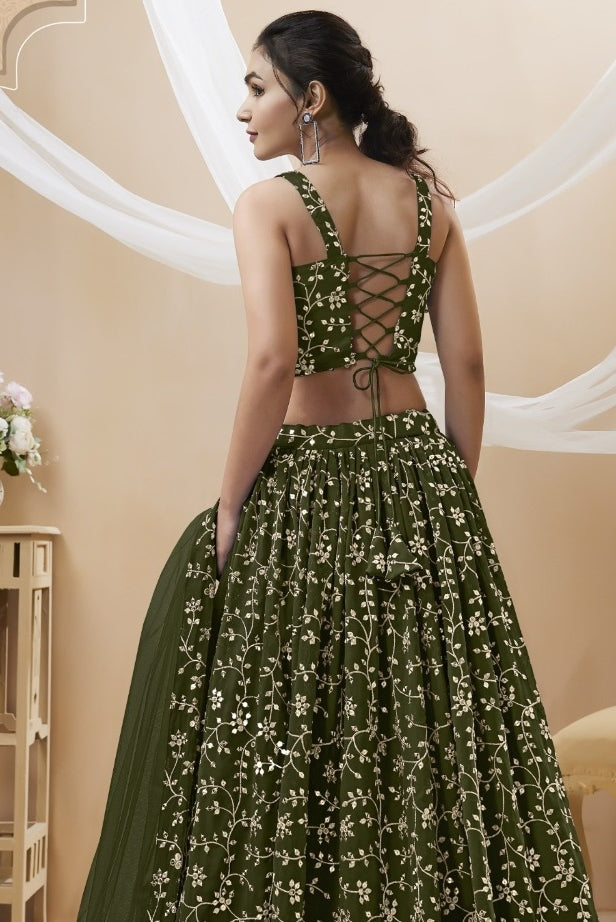 Graceful Mehendi Green Georgette Sequins Zari Embroidery Work Stylish Lehenga