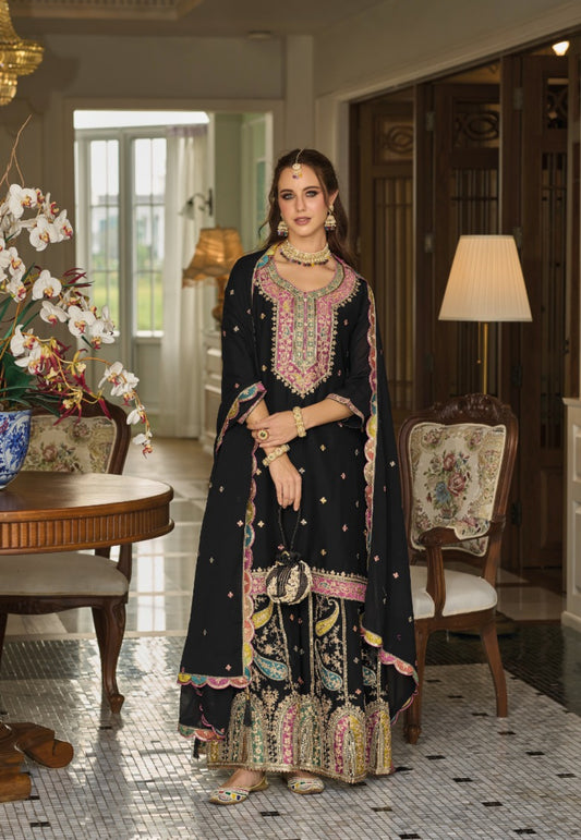 Elegant Black Chinon With Embroidery Work Sharara-Bottom Suit Set