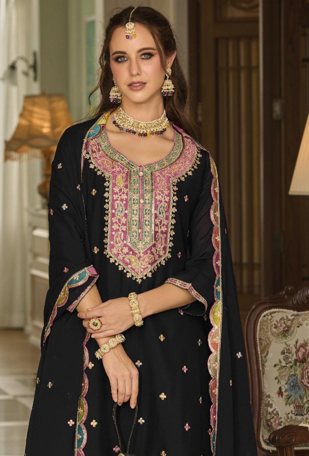 Elegant Black Chinon With Embroidery Work Sharara-Bottom Suit Set