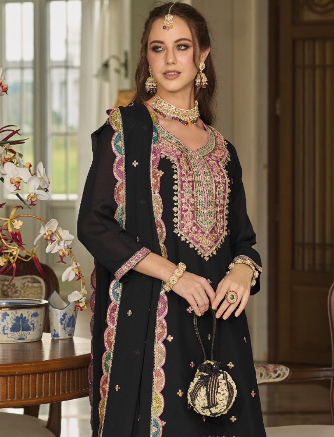 Elegant Black Chinon With Embroidery Work Sharara-Bottom Suit Set