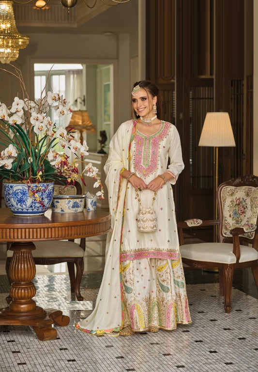 Timeless Off White Chinon With Embroidery Work Sharara-Bottom Suit Set