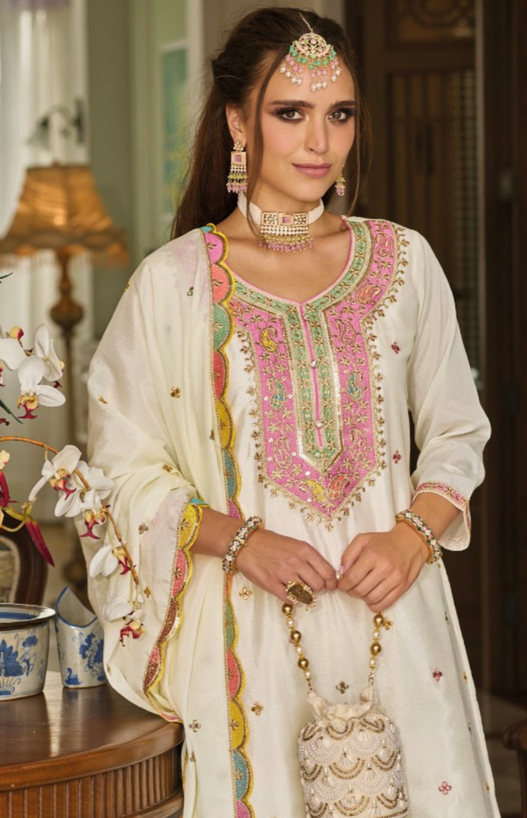 Timeless Off White Chinon With Embroidery Work Sharara-Bottom Suit Set