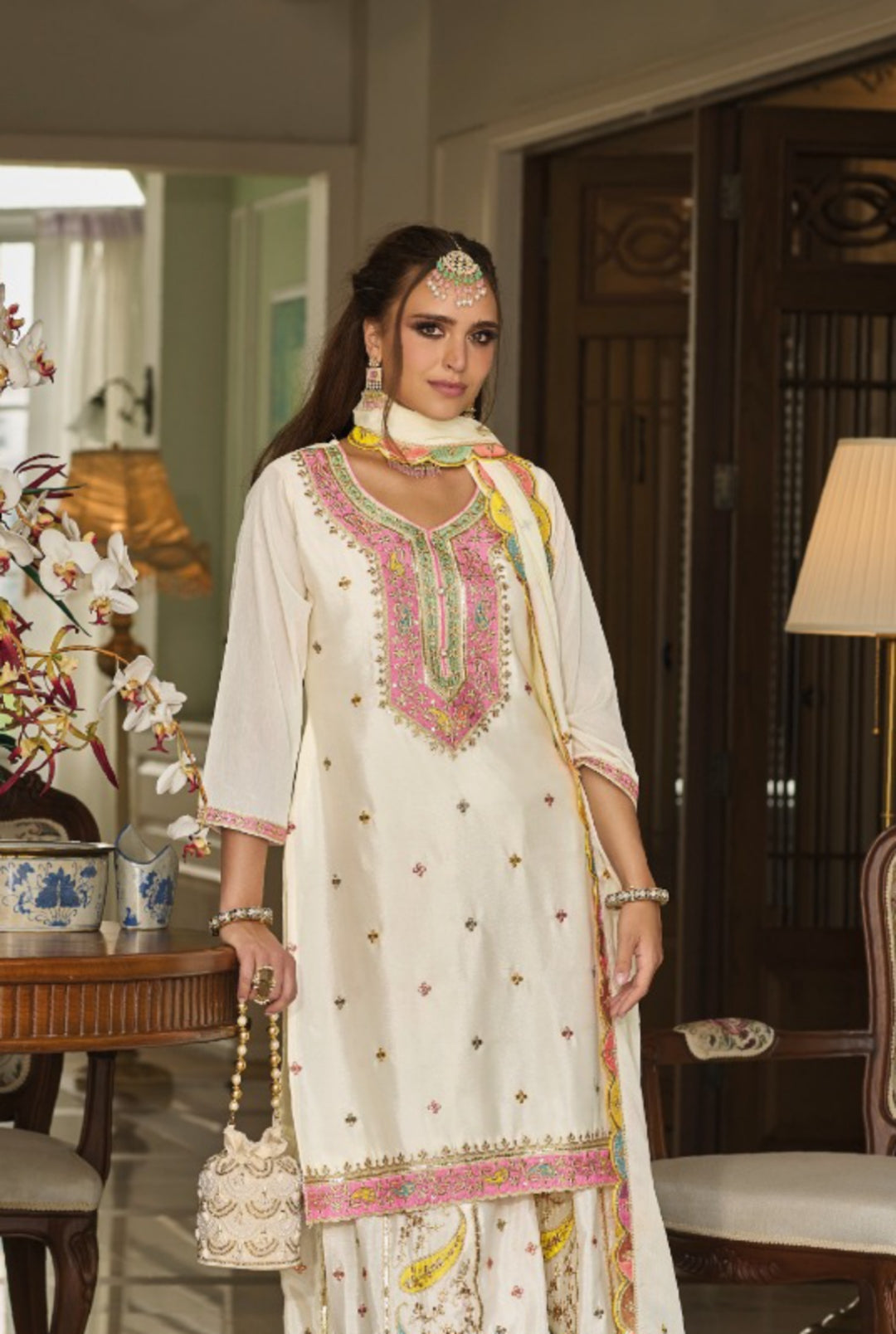 Timeless Off White Chinon With Embroidery Work Sharara-Bottom Suit Set