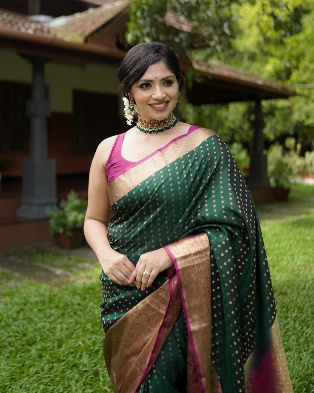 Women Bottle Green Banarasi Soft Silk Saree