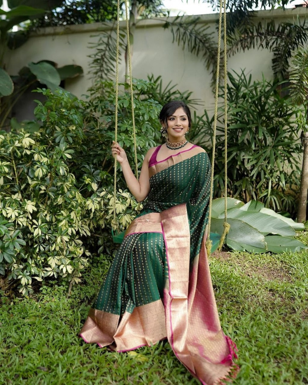 Women Bottle Green Banarasi Soft Silk Saree