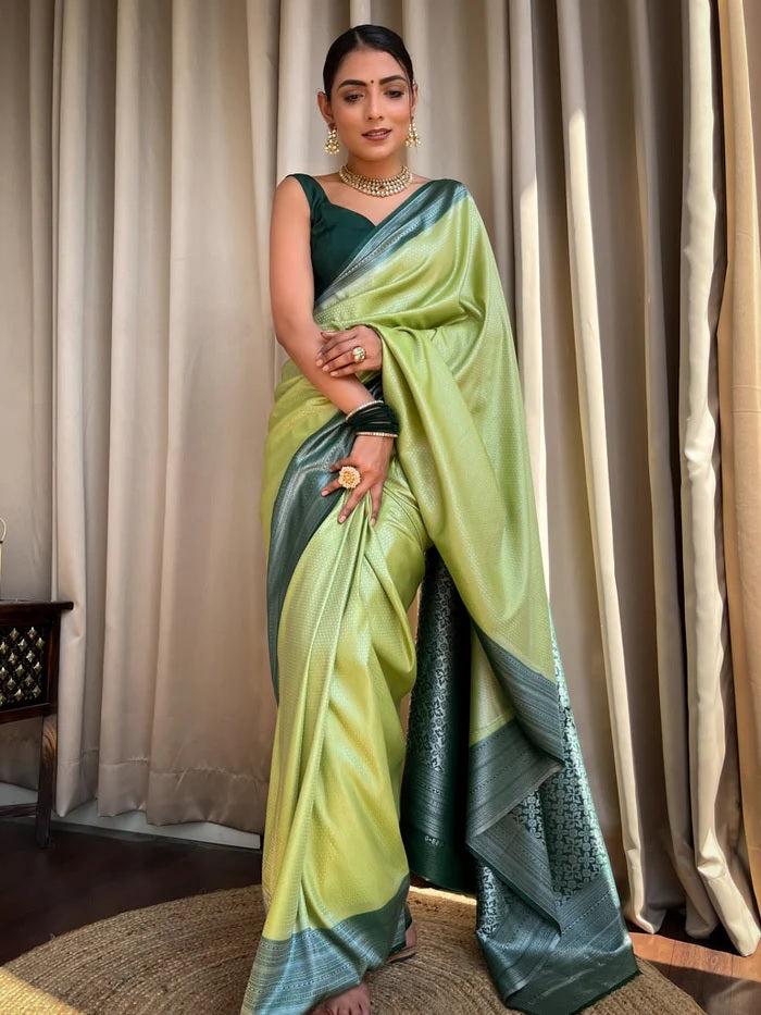 Women Green And Grey Silk Saree