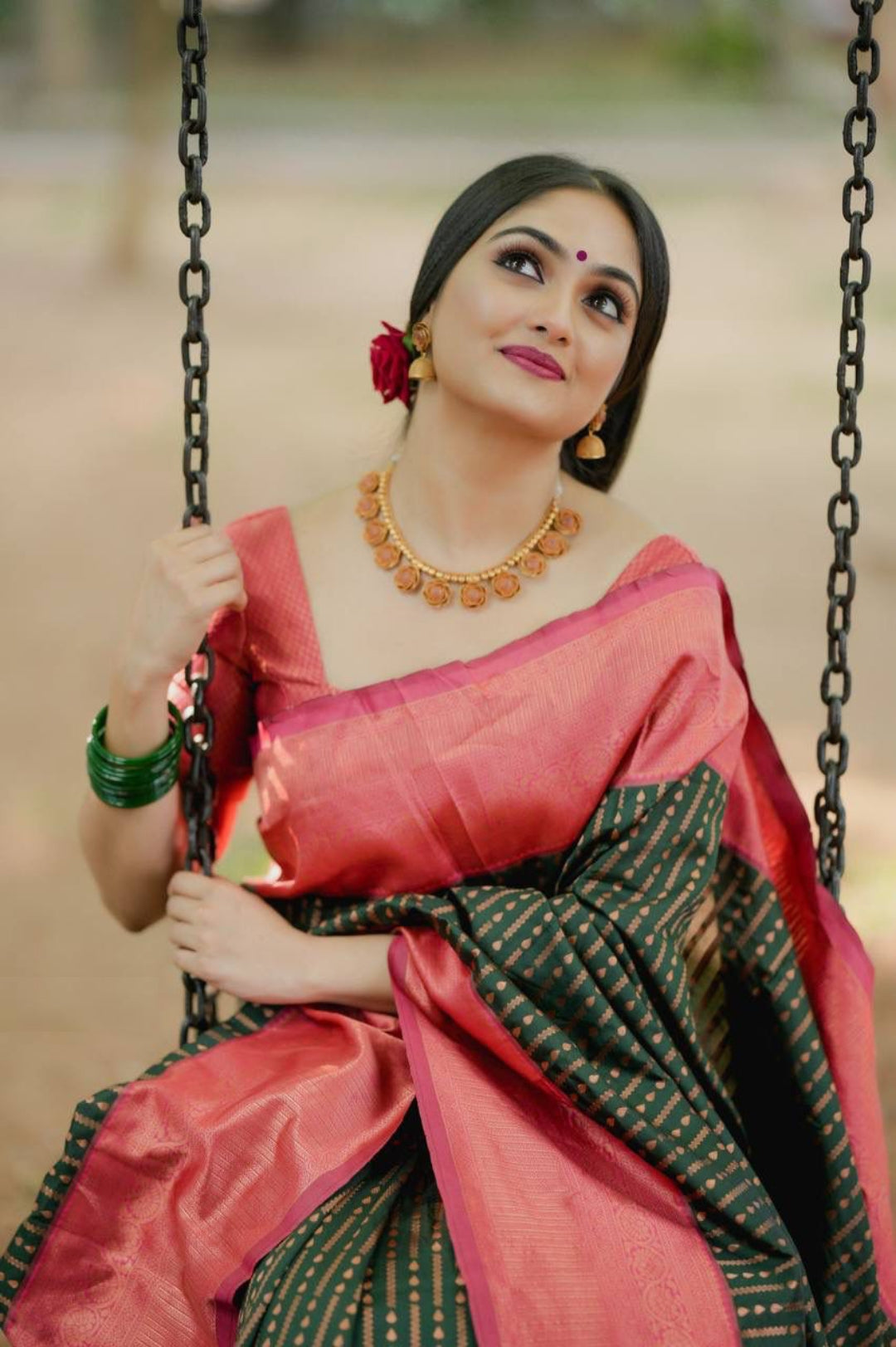 Women Green And Pink Silk Golden Zari Work Saree