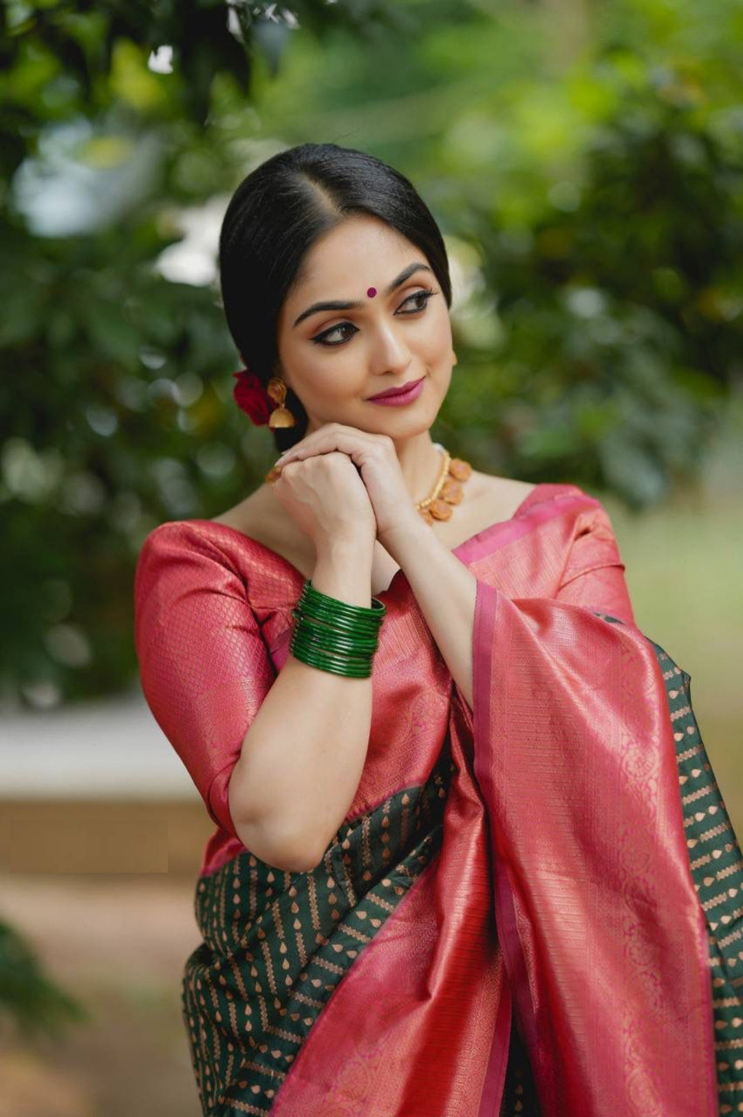 Women Green And Pink Silk Golden Zari Work Saree