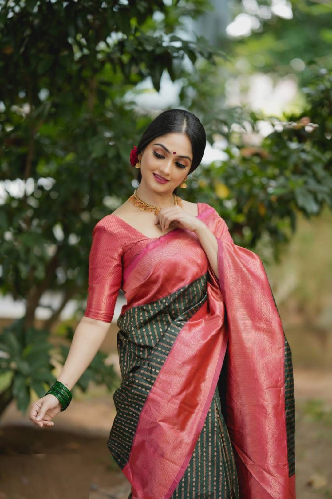 Women Green And Pink Silk Golden Zari Work Saree