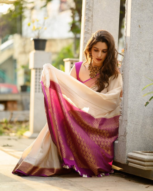 Women Cream And Purple Silk Golden Zari Weaving Saree
