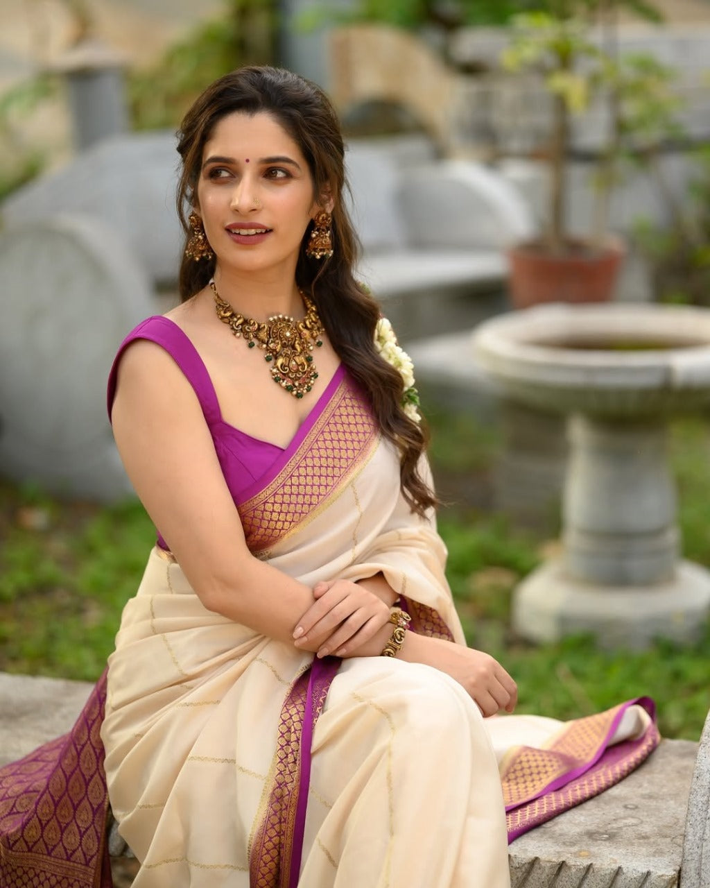 Women Cream And Purple Silk Golden Zari Weaving Saree