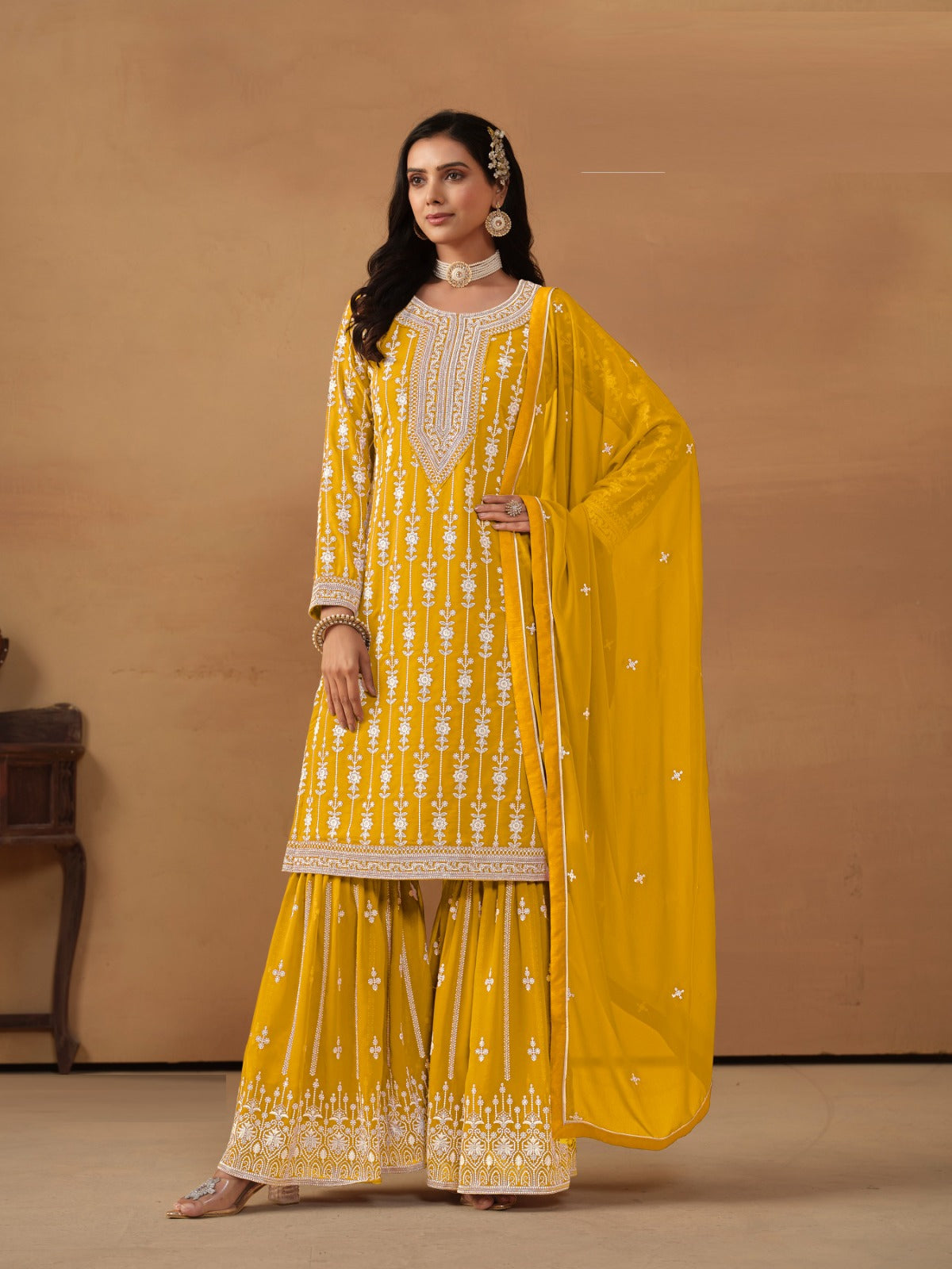 Couture Mustard Georgette Gharara Bottom Suit Set
