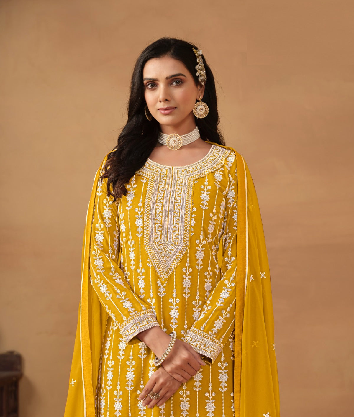 Couture Mustard Georgette Gharara Bottom Suit Set