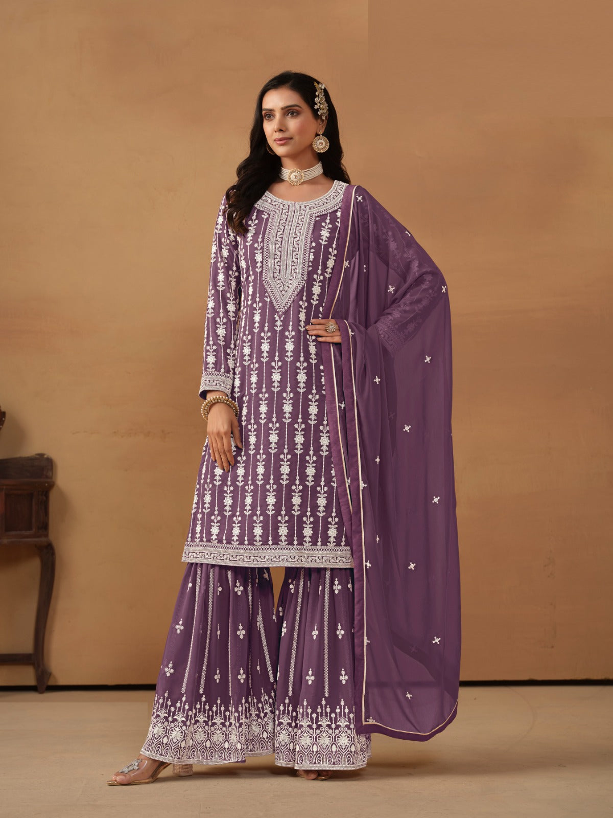 Tailored-To-Perfection Purple Georgette Gharara Bottom Suit Set