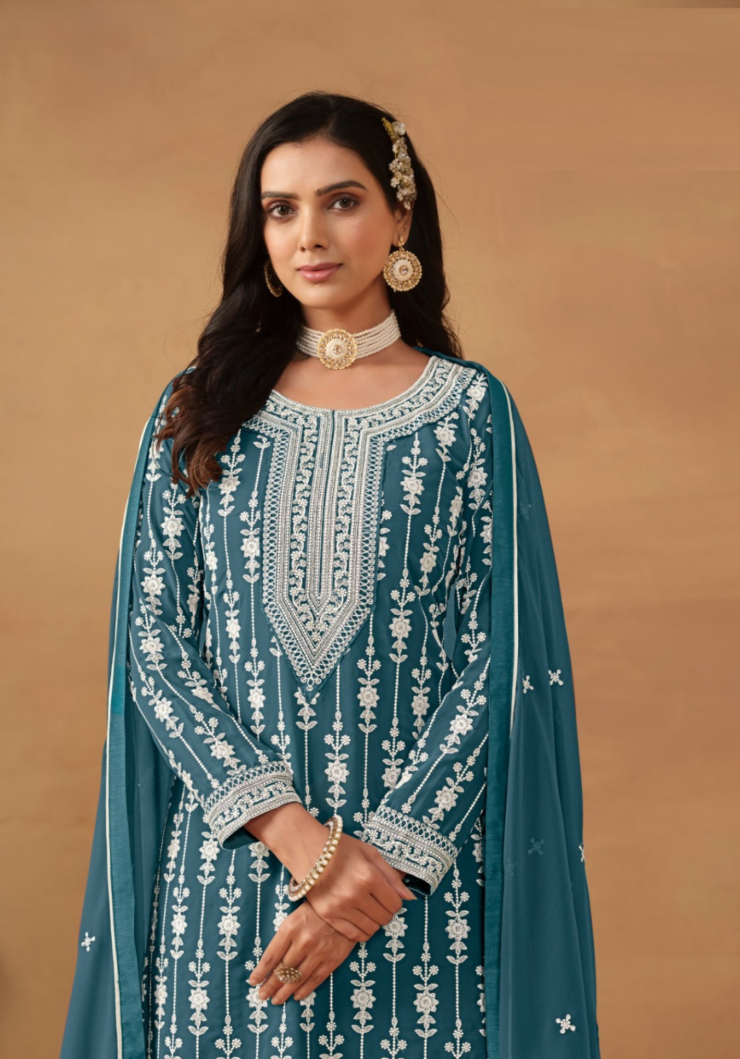 Lustrous Teal Georgette Gharara Bottom Suit Set