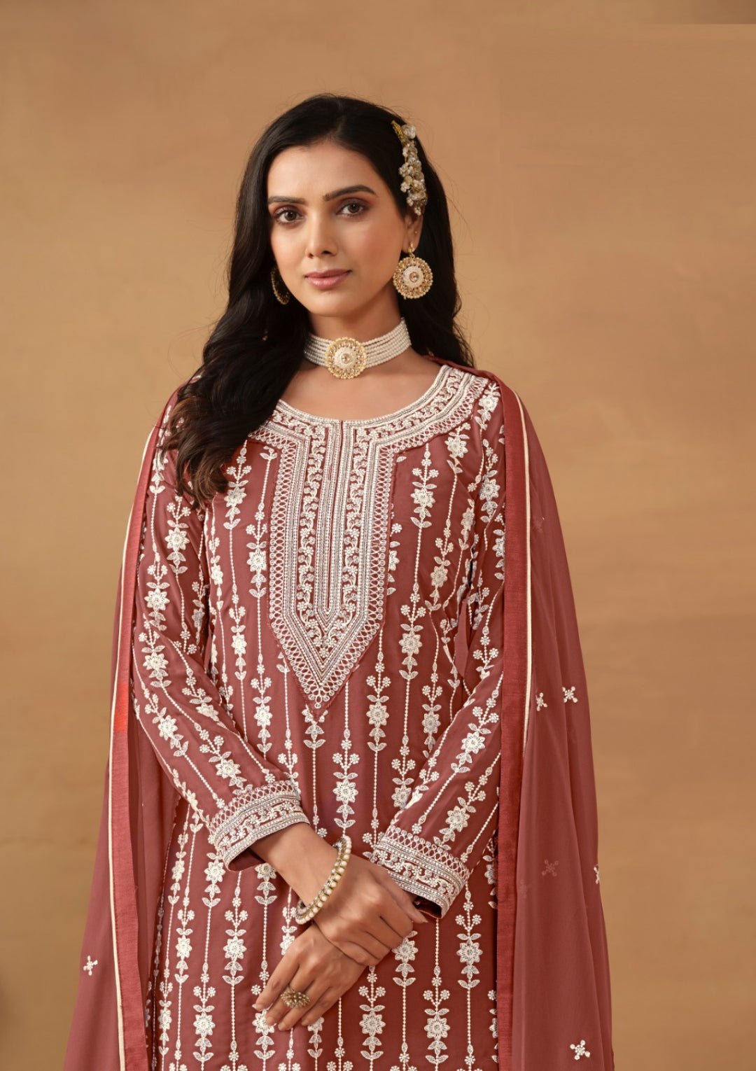 Avant-Garde Rust Georgette Gharara Bottom Suit Set