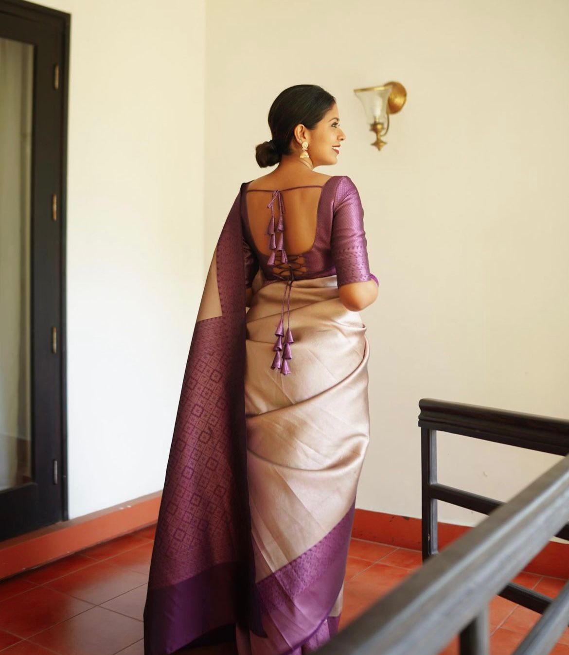 Women Beige And Purple Banarasi Soft Silk Saree