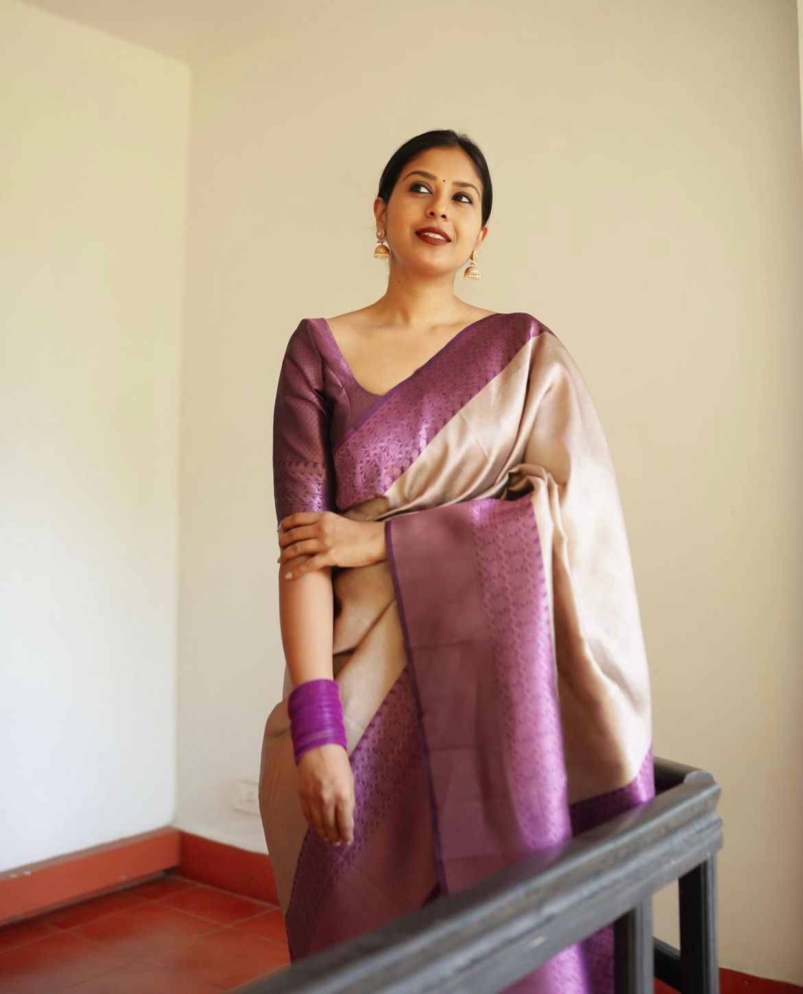 Women Beige And Purple Banarasi Soft Silk Saree