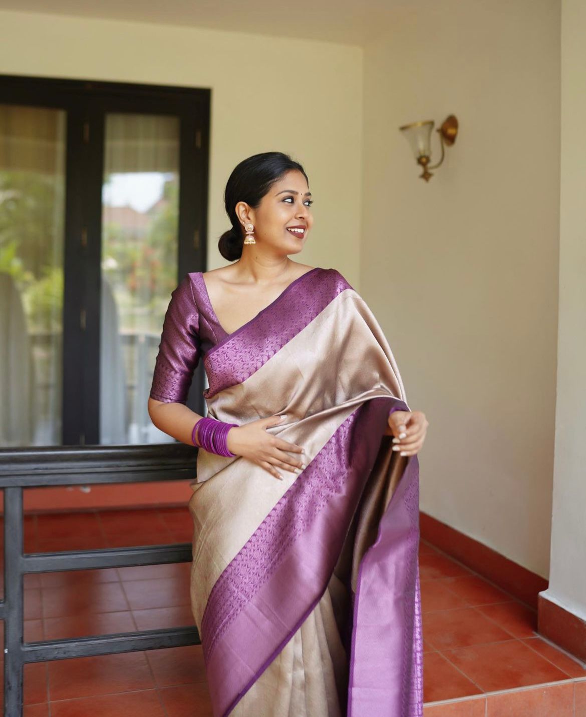 Women Beige And Purple Banarasi Soft Silk Saree