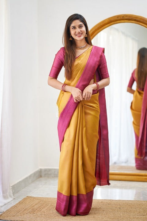 Women Orange And Pink Banarasi Soft Silk Saree