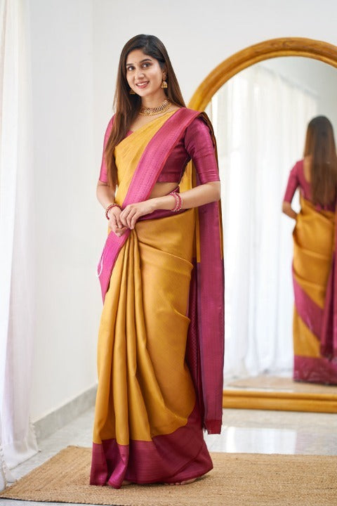 Women Orange And Pink Banarasi Soft Silk Saree