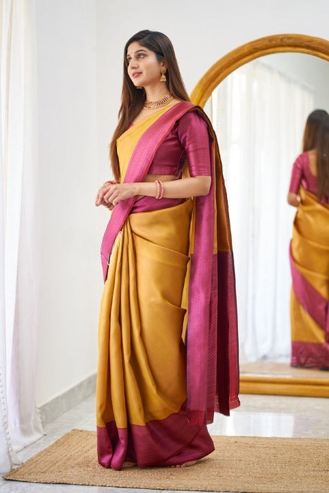 Women Orange And Pink Banarasi Soft Silk Saree