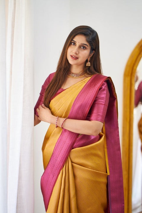 Women Orange And Pink Banarasi Soft Silk Saree
