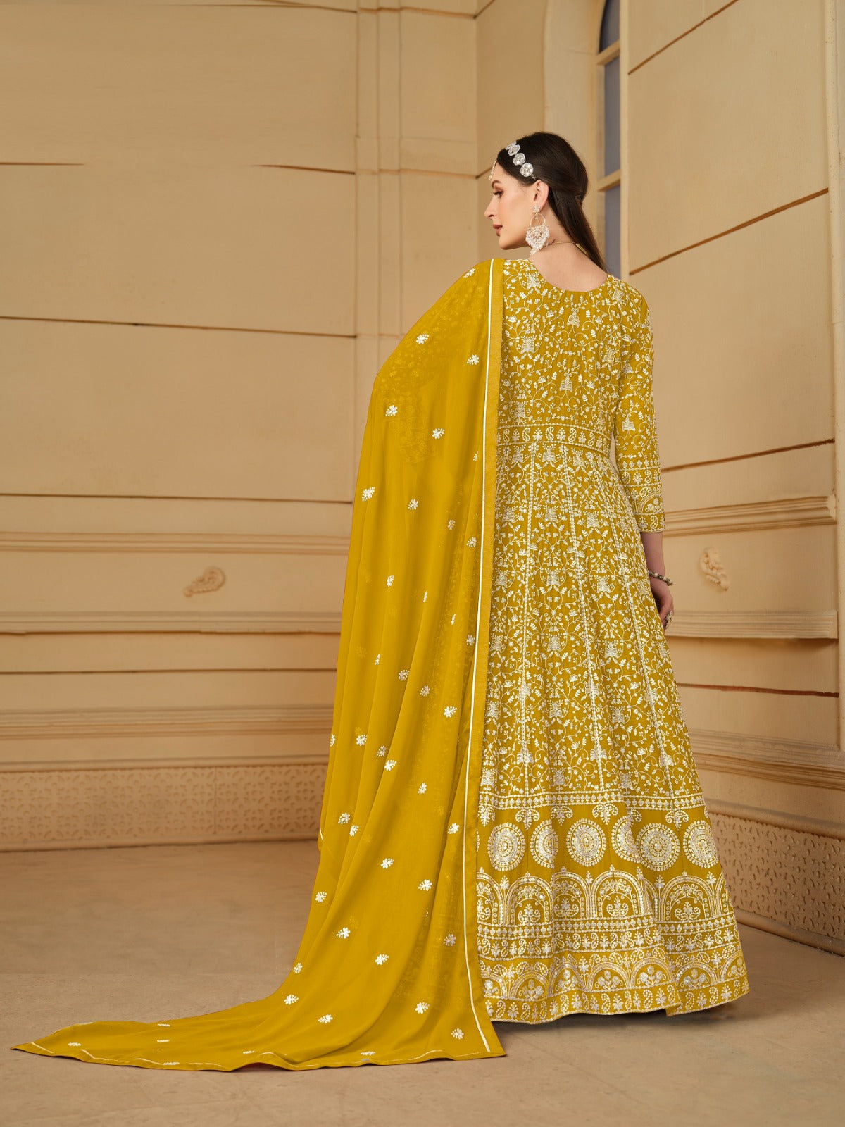 Sublime Mustard Georgette Floor Length Suit Set