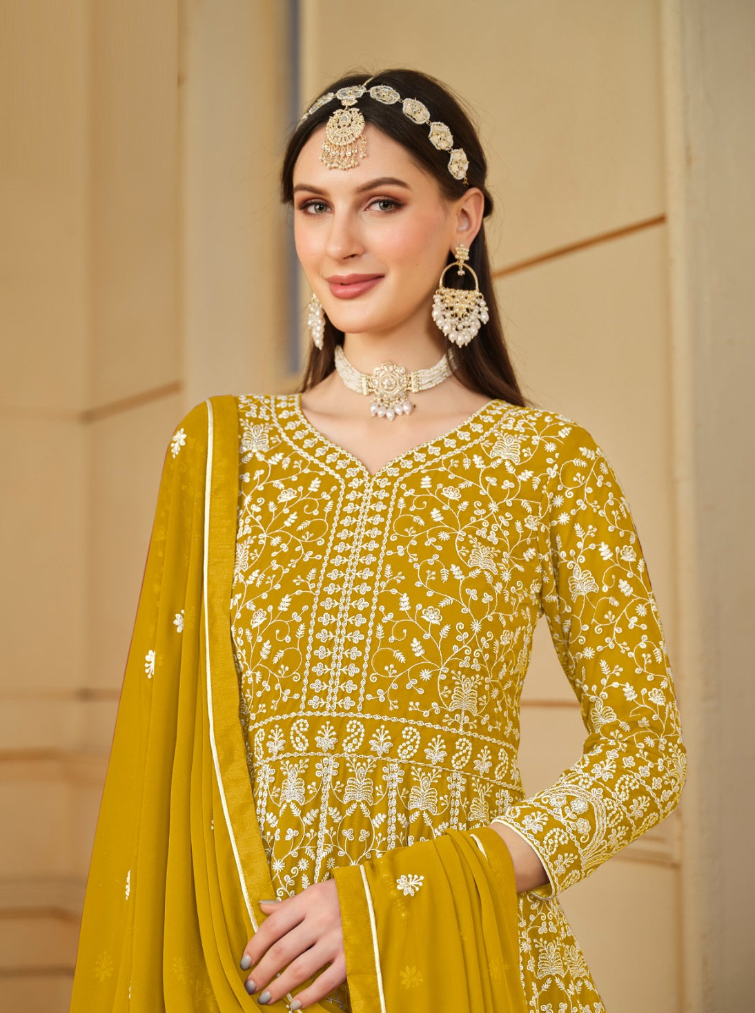 Sublime Mustard Georgette Floor Length Suit Set