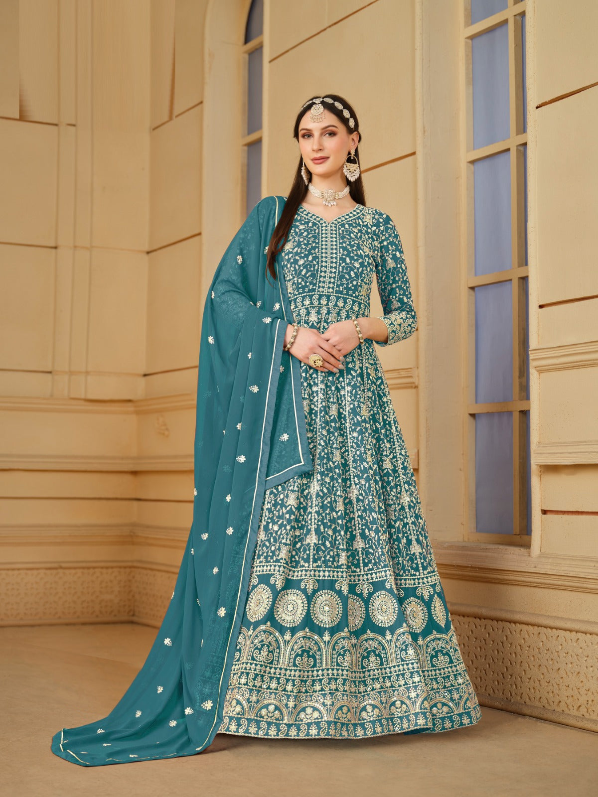 Sumptuous Teal Georgette Floor Length Suit Set