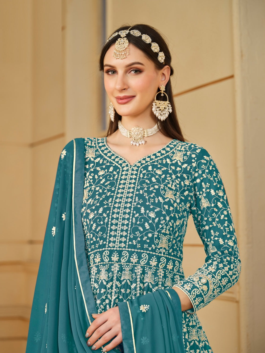 Sumptuous Teal Georgette Floor Length Suit Set