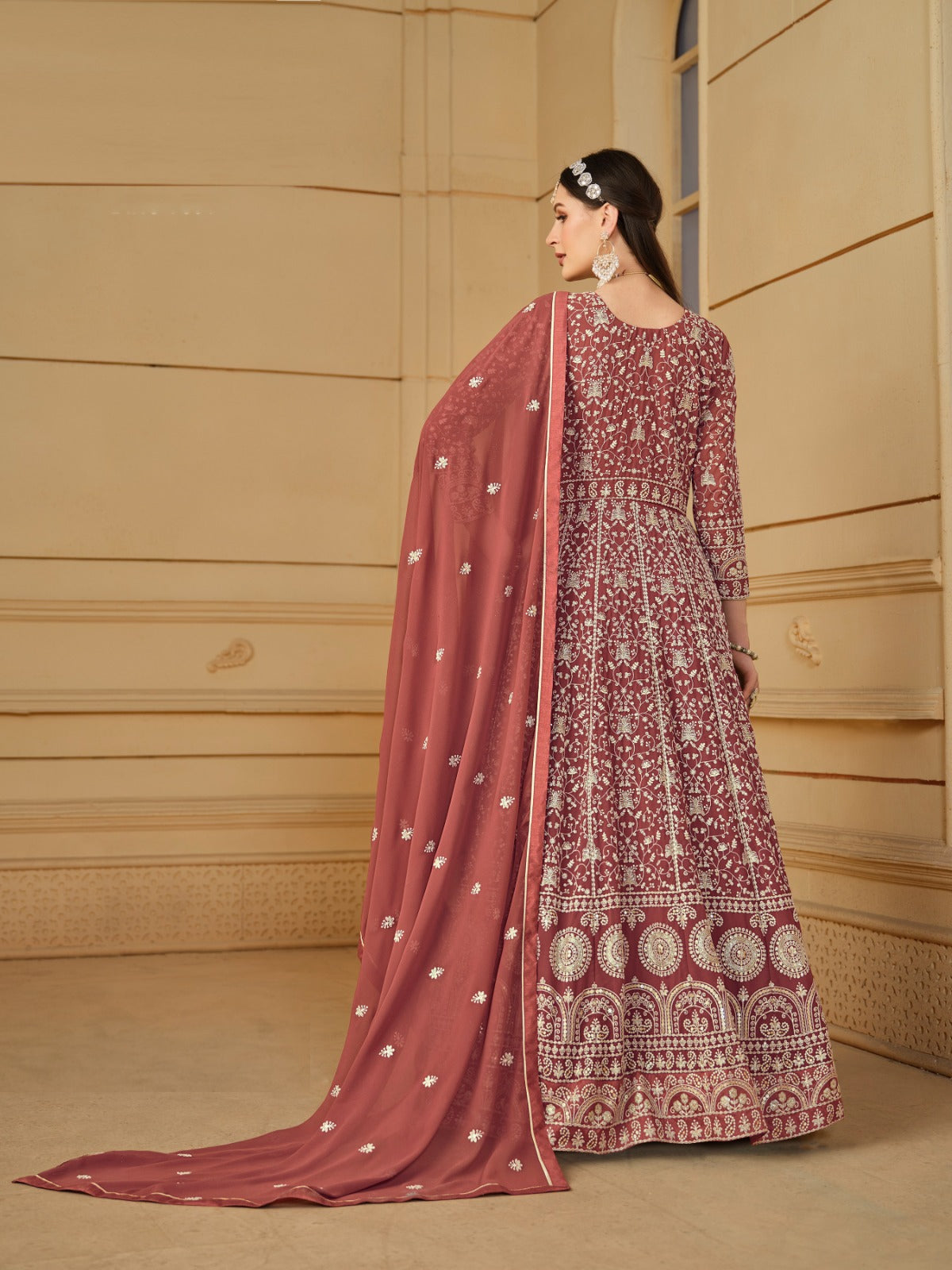 Statement-Making Rust Georgette Floor Length Suit Set