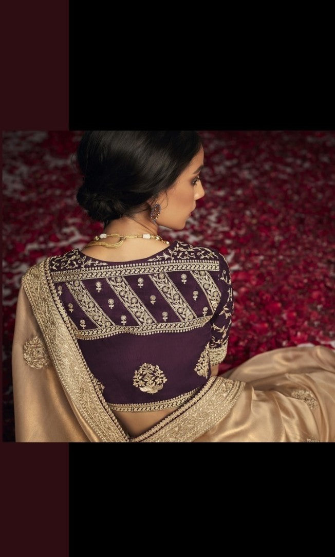 Fancy Peach And Purple Organza Silk With Embroidery Work Saree