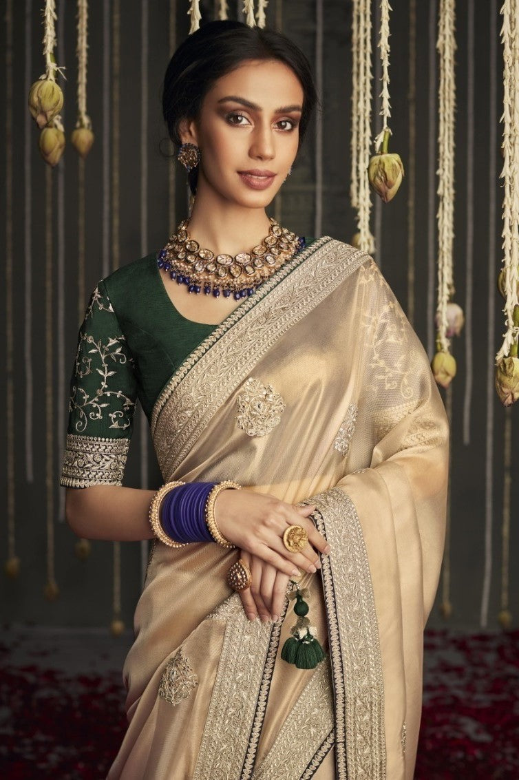 Beige And Green Organza Silk Saree With Embroidery Work