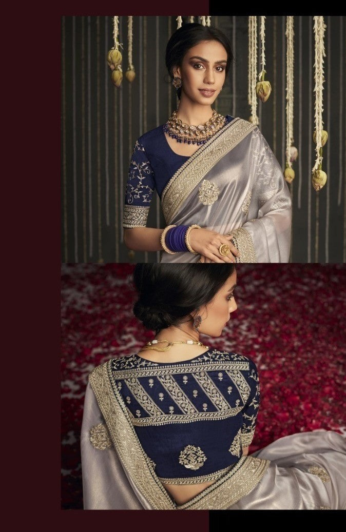Designer Grey And Blue Organza Silk Boutique Style Saree