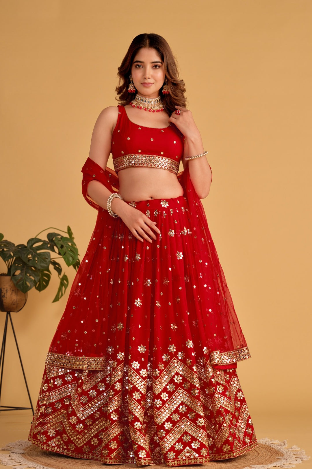 Women Red Georgette Stylish Lehenga Set