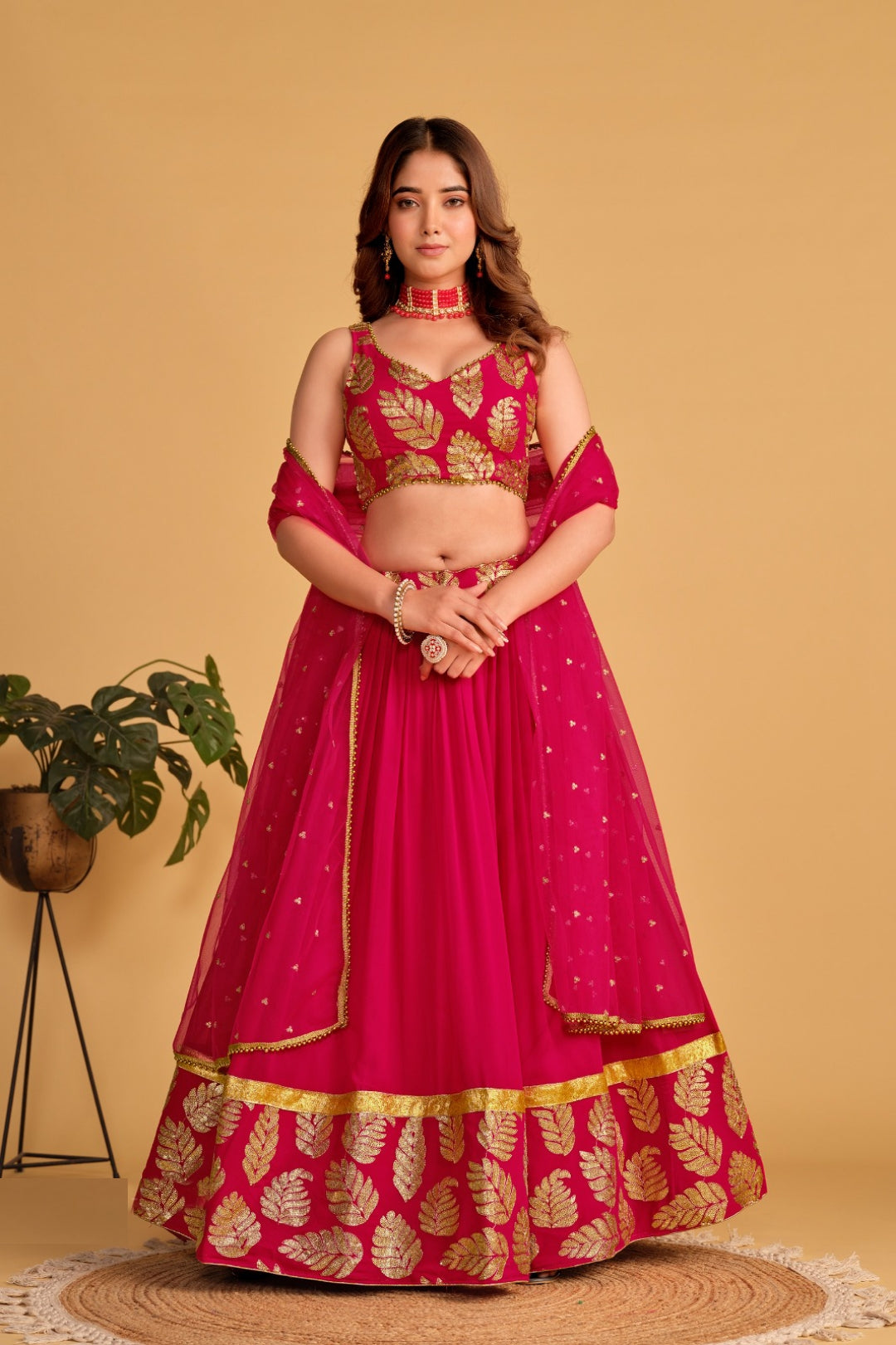 Solid Pink Georgette Stylish Lehenga Set