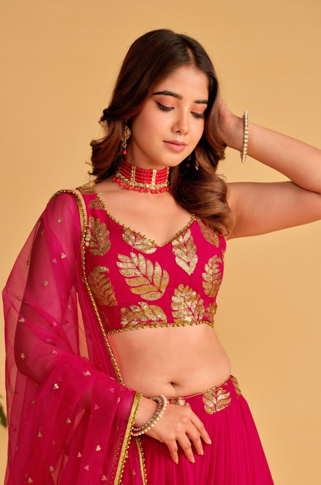 Solid Pink Georgette Stylish Lehenga Set