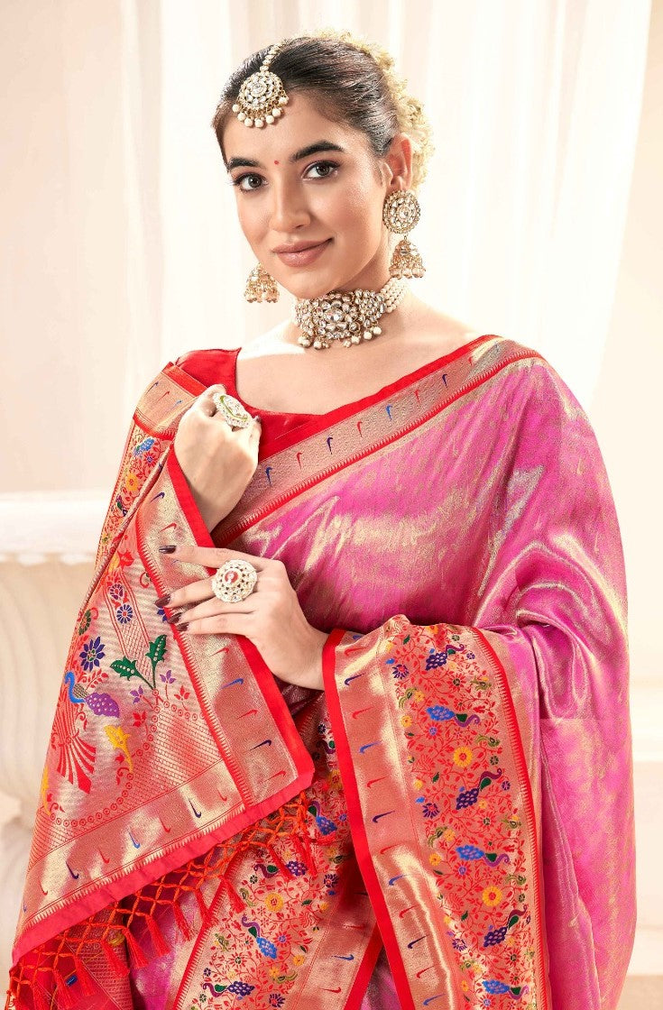 Iconic Pink And Red Paithani Silk Saree With Zari Border