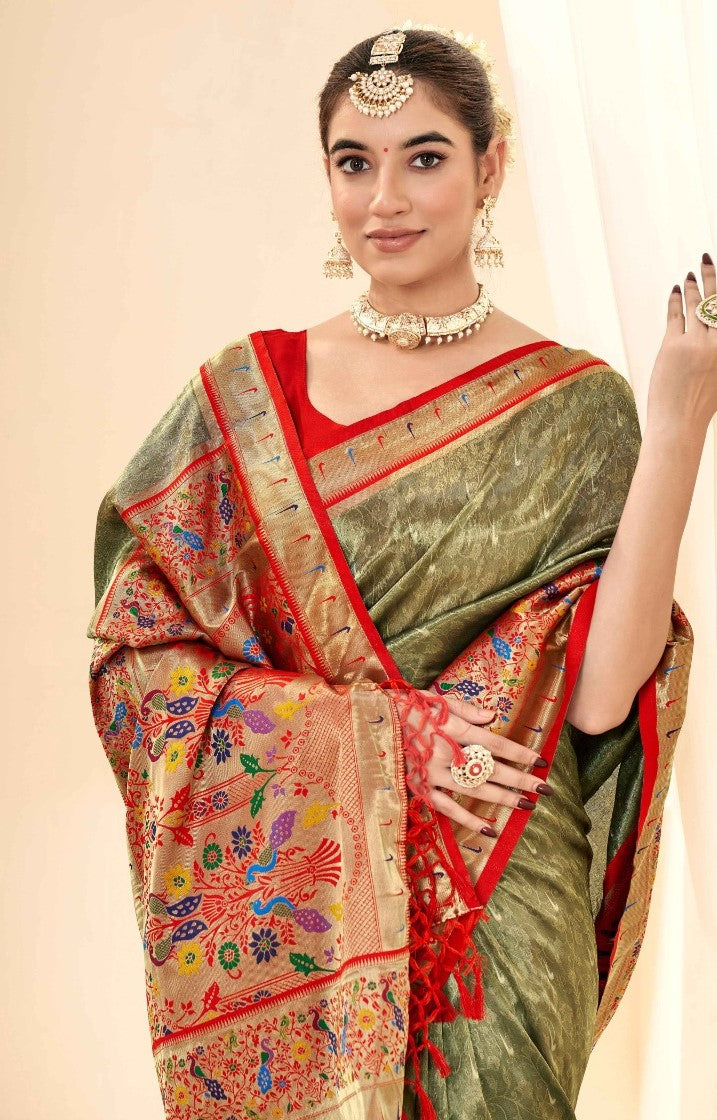 Sumptuous Green And Red Paithani Silk Saree With Zari Border
