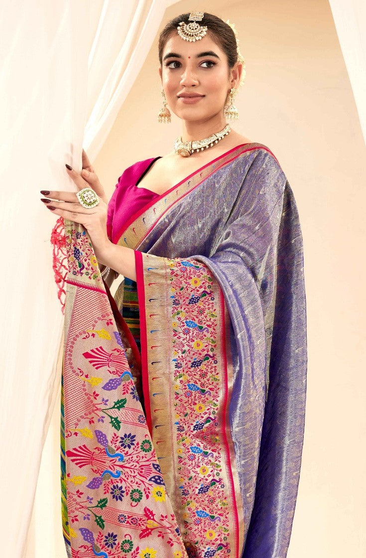 Couture Violet And Pink Paithani Silk Saree With Zari Border