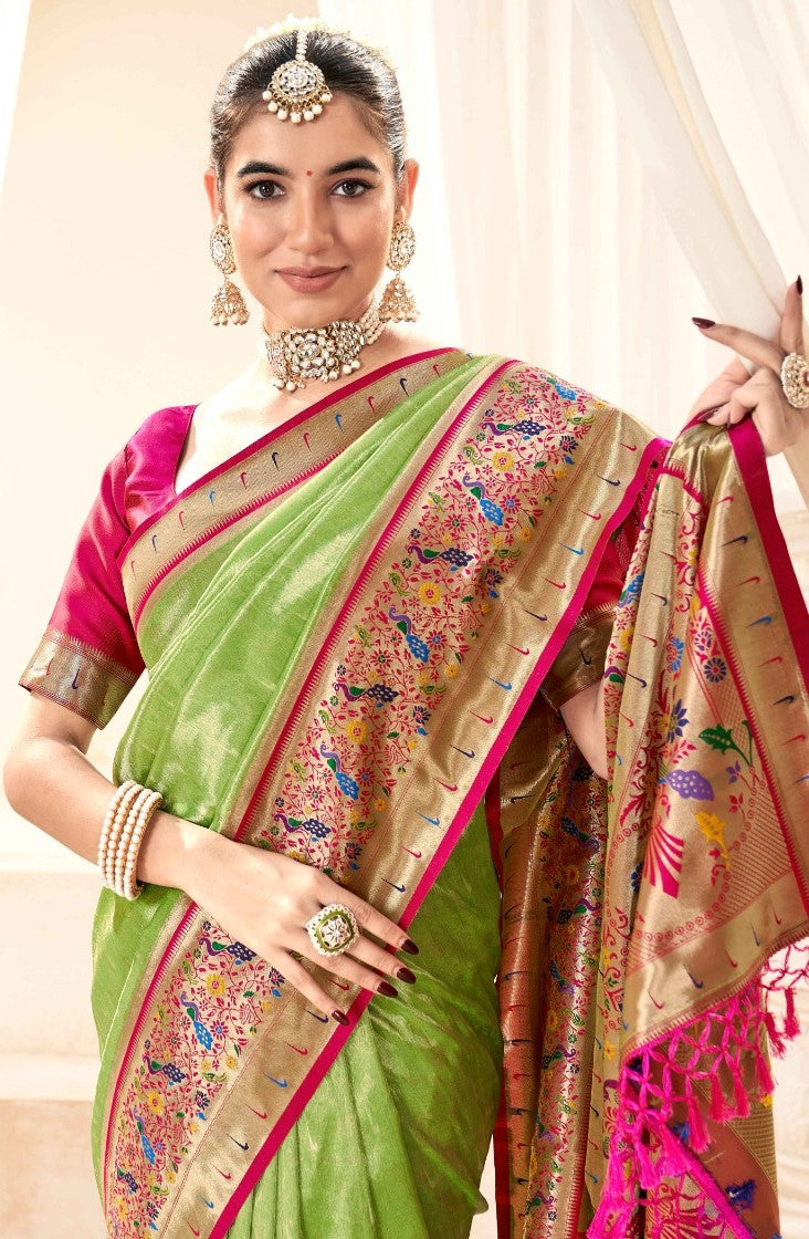 Tailored-To-Perfection Green And Pink Paithani Silk Saree With Zari Border