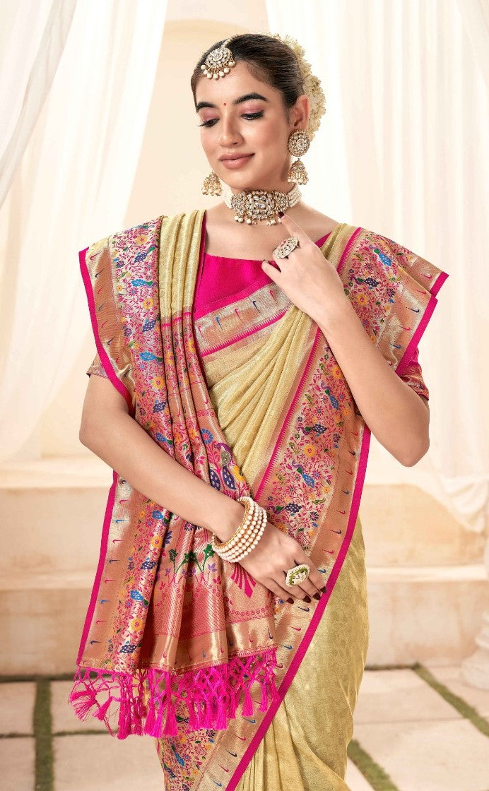 Lustrous Beige And Pink Paithani Silk Saree With Zari Border