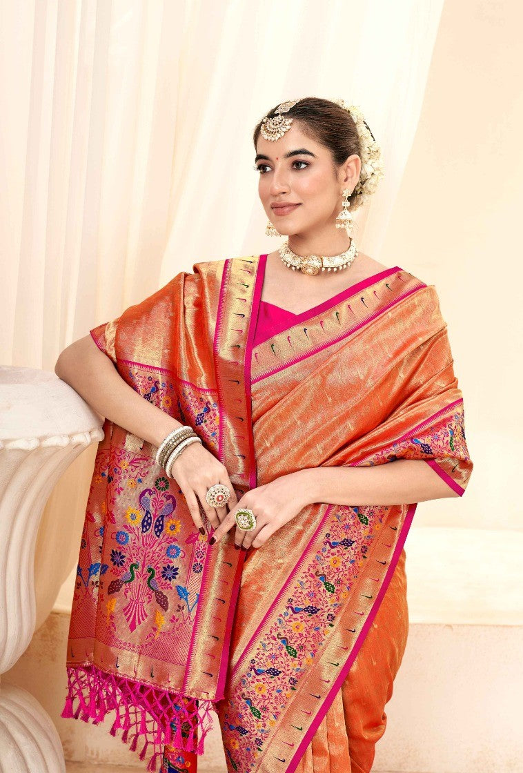 Avant-Garde Orange And Pink Paithani Silk Saree With Zari Border