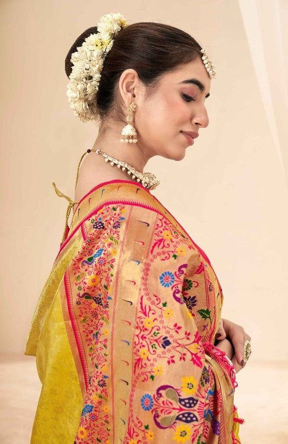 Amazing Yellow And Pink Paithani Silk Saree With Zari Border