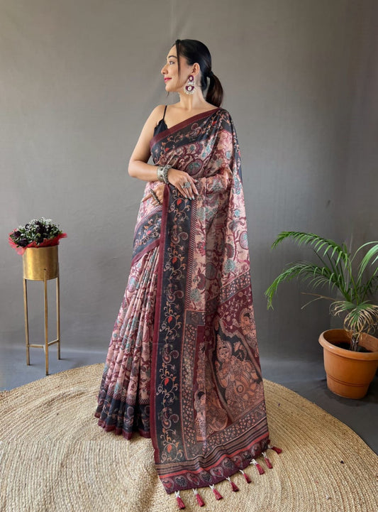 Women Peach And  Black Cotton Handloom Saree