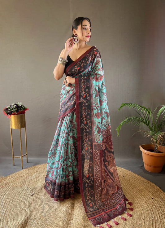 Women Sea Blue And Black Cotton Handloom Saree