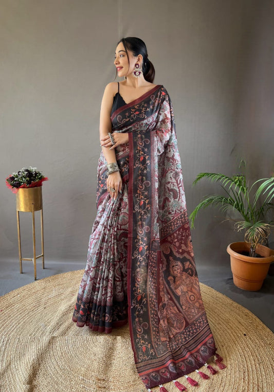 Women Grey And Black Cotton Handloom Saree