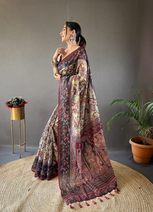 Women Light Yellow And Black Cotton Handloom Saree